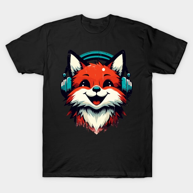 Funny Smiling musical fox wearing headphones T-Shirt by TomFrontierArt